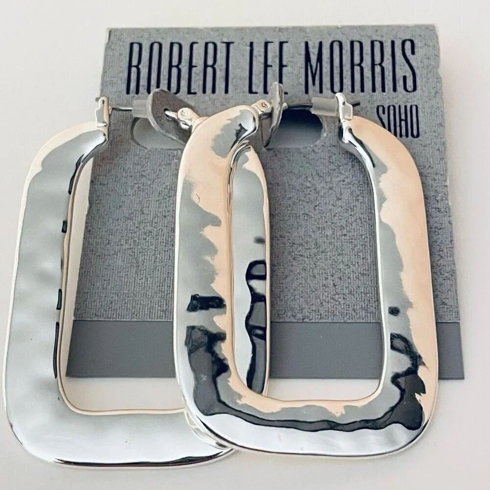NWT Robert Lee Morris Soho Large Square Silver Polished Hammered Hoops earrings - Picture 4 of 12